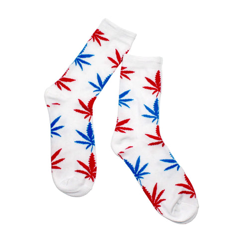 Damen Socken Lang Weiß mit blau pinken Hanfblättern Gr. 36-42