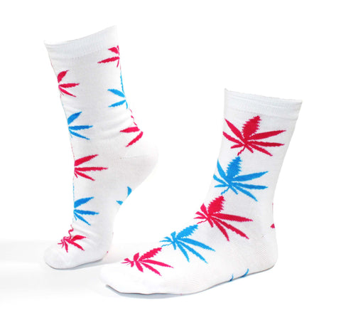 Damen Socken Lang Weiß mit blau pinken Hanfblättern Gr. 36-42-Stilform
