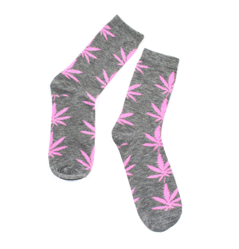 Damen Socken Lang Grau mit pinken Hanfblättern Gr. 36-42