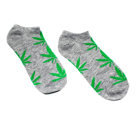Damen Socken kurz Grau mit grünen Hanfblättern Gr. 36 - 42-1-Paar