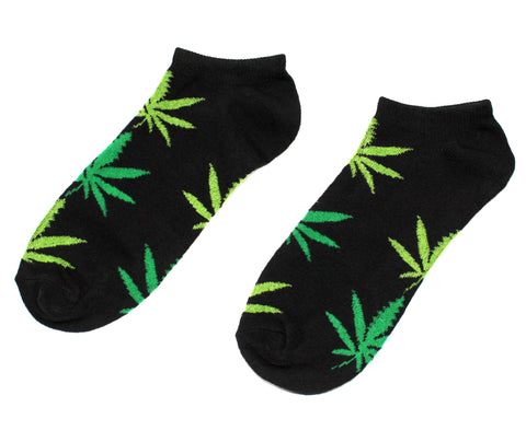 Damen Socken Kurz Schwarz mit grünen Hanfblättern Gr. 36-42-Paar