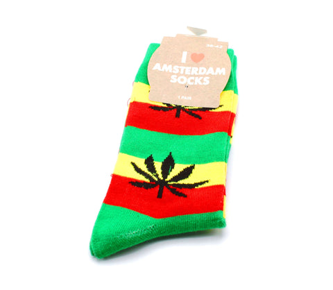 Damen Socken Lang Rasta Farben mit Hanfblättern Größe 36 - 42-gefaltet