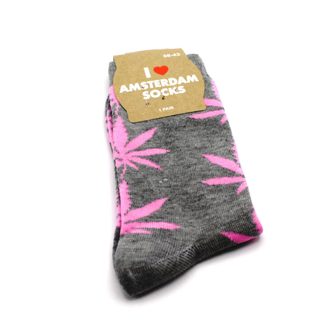 Damen Socken Lang Grau mit pinken Hanfblättern Gr. 36-42