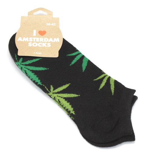 Damen Socken Kurz Schwarz mit grünen Hanfblättern Gr. 36-42-gefaltet