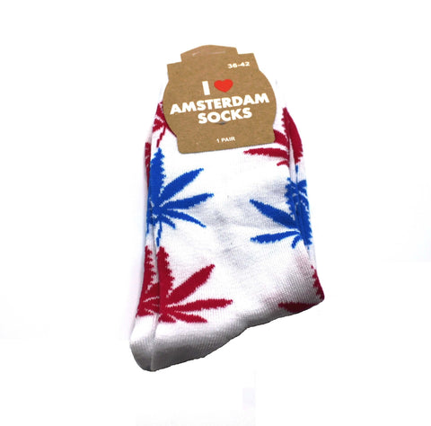 Damen Socken Lang Weiß mit blau pinken Hanfblättern Gr. 36-42-gefaltet