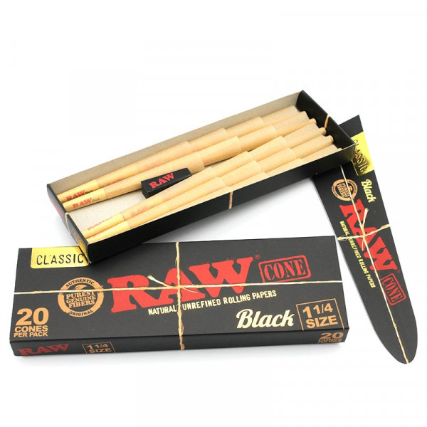 RAW Black Pre-Rolled Paper Cones 1 1/4 Size 20er Pack