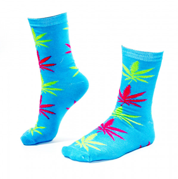 Damen Socken Lang Blau mit pinken und grünen Hanfblättern Gr. 36-42