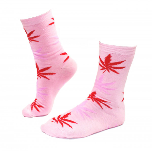 Damen Socken Lang Pink mit pinken und roten Hanfblättern Gr. 36-42