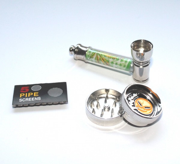 Smokerama Pur Pfeifen Set mit Grinder Kiffender Smiley und Siebe