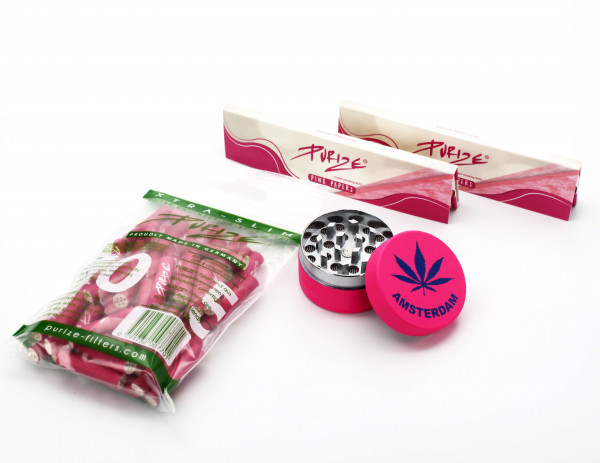 Purize Raucherset Pink Longpapers mit Grinder und Xtra Slim Filter