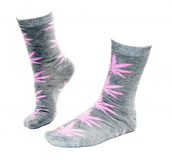 Damen Socken Lang Grau mit pinken Hanfblättern Gr. 36-42