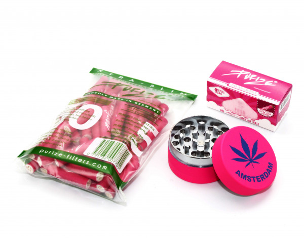 Purize Raucherset Pink Rolls mit Grinder & Xtra Slim Filter